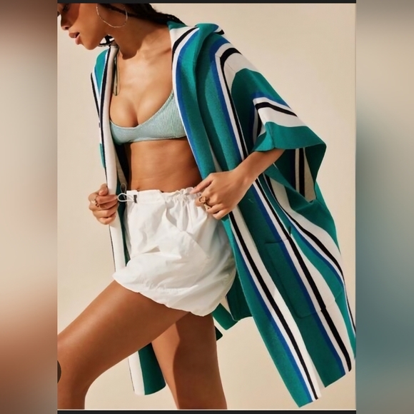 Free People Other - Striped Open-Front Hooded Cardigan in Teal, White & Blue Free People Nwt OSFA